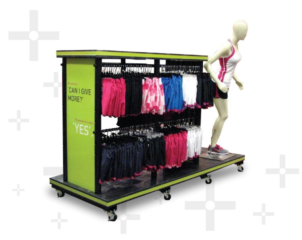 large rectangle wheeled cart with mannequin and clothing