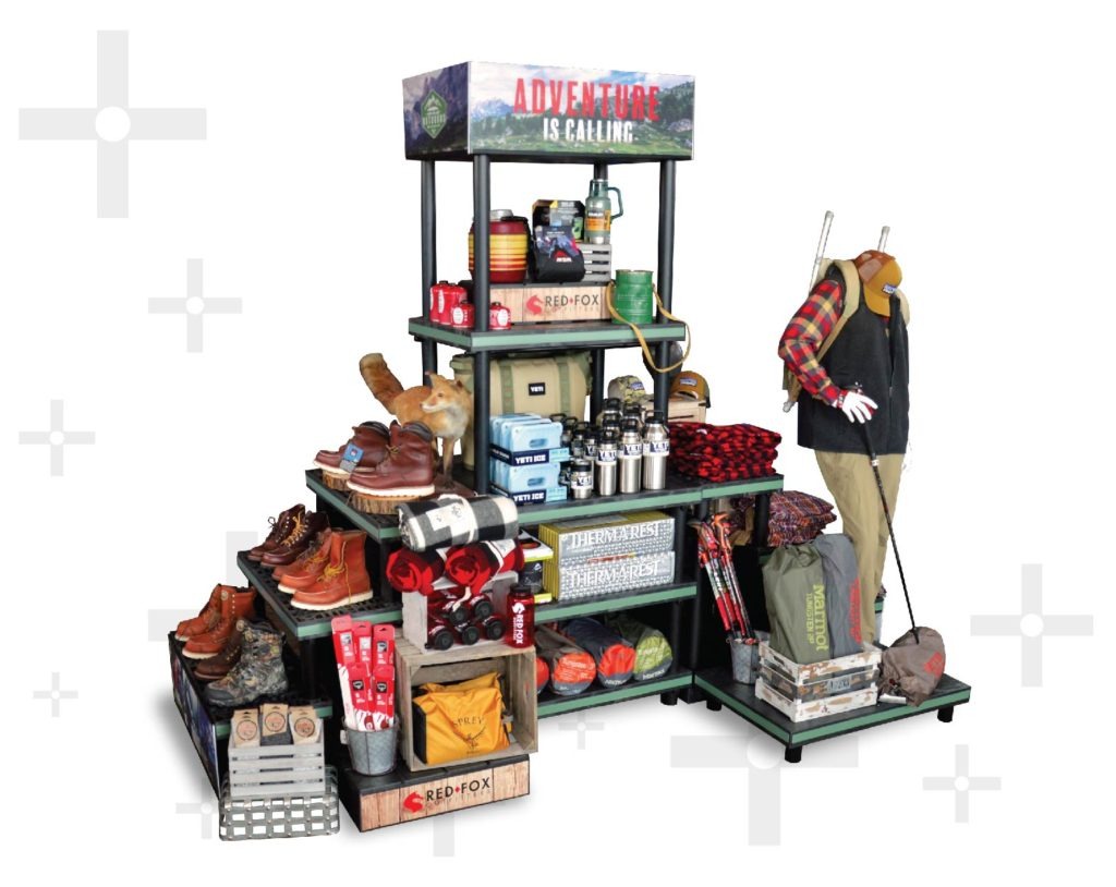 large tiered display with outdoor goods