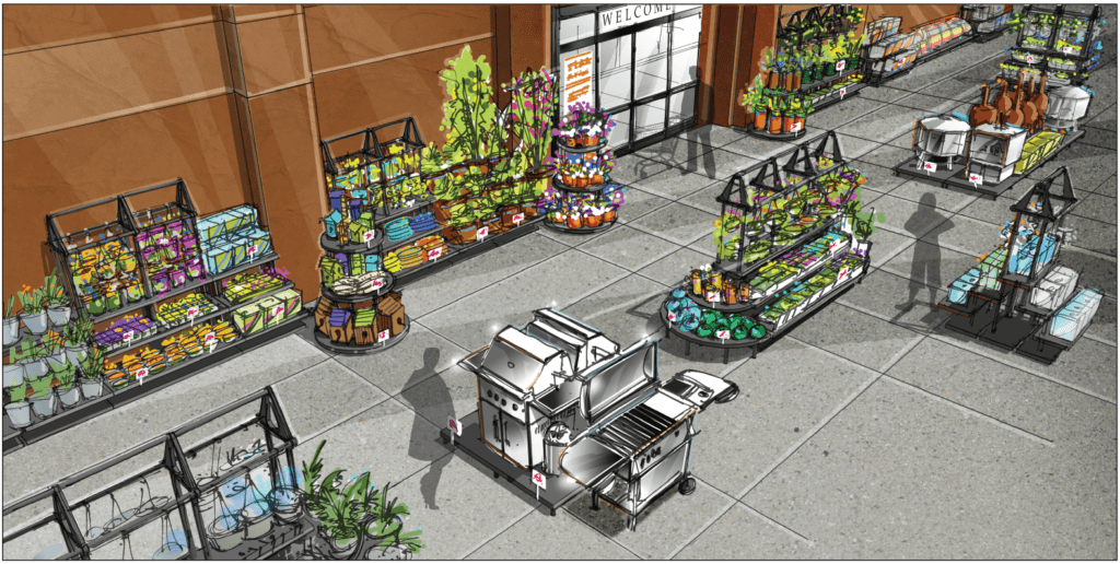 rendering of the inside of a store with plastic display stands