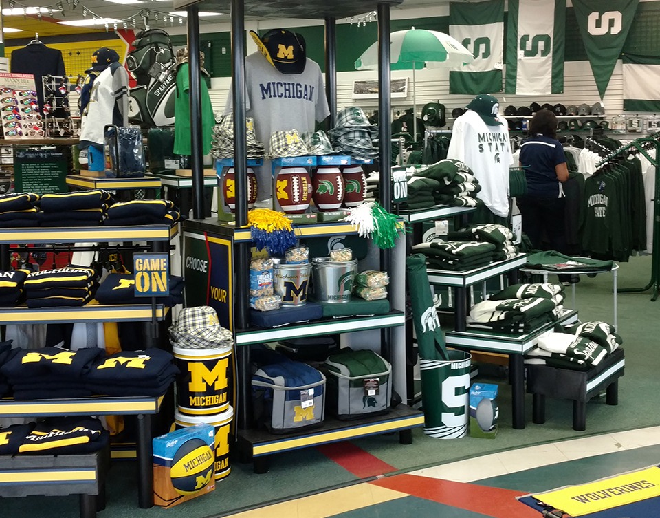 plastic display stands featuring college gear