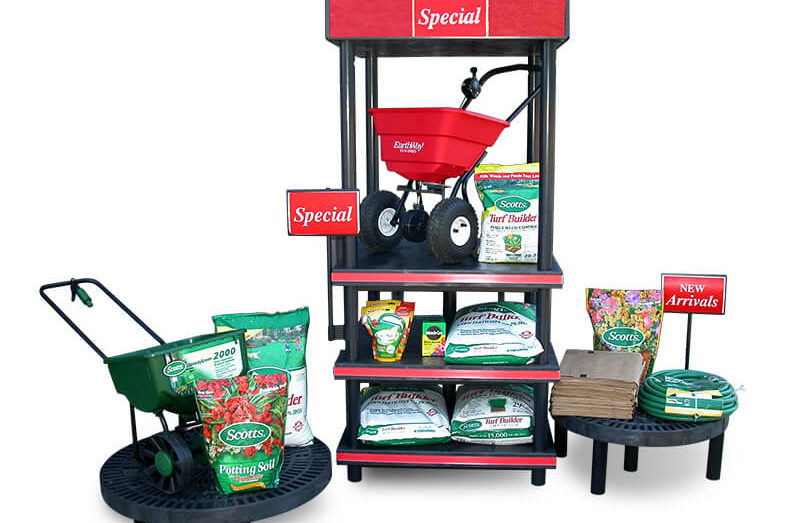 Scott's display with potting soil and walk behind spreaders