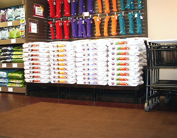 Display of large bags of pet food