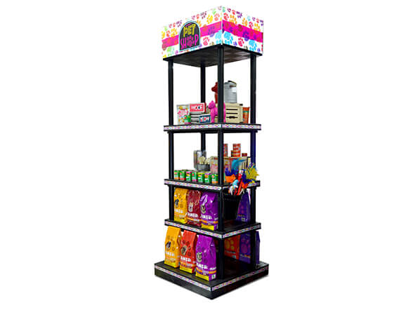 Pet shop display with food and pet toys