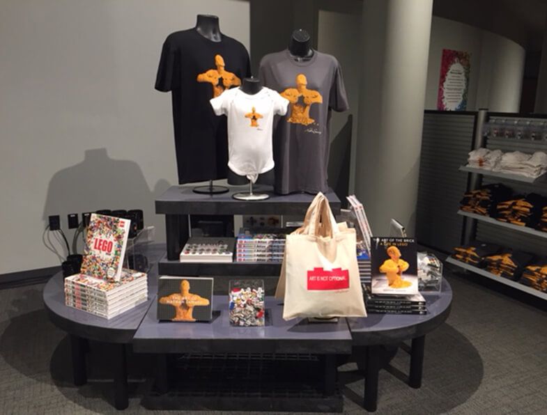 Displays with books, t-shirts and reusable bags