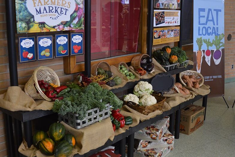 Produce on display at a farmers market