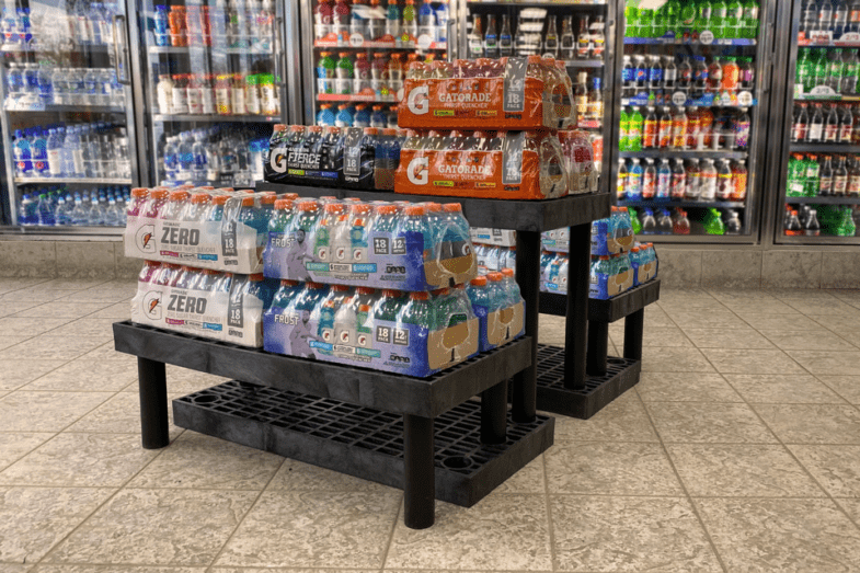 Bulk soft drink on plastic step display